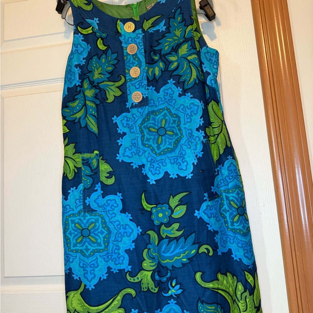 Taylor Blue and Green Silk & Linen Dress - 10 - EUC